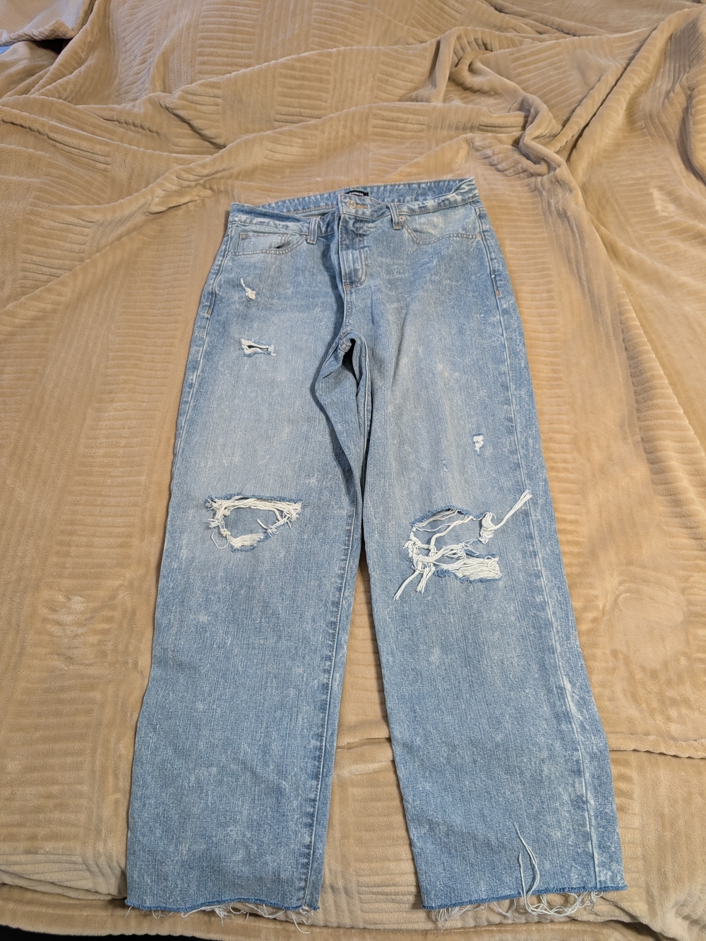 Size 12 Express Distressed Light Blue- Casual Straight Boyfriend Mid Rise Jeans